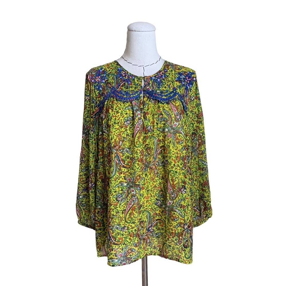 Anthropologie Priya Beaded Embroidered Floral Paisley Blouse Top Boho Large